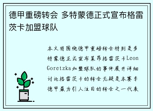 德甲重磅转会 多特蒙德正式宣布格雷茨卡加盟球队