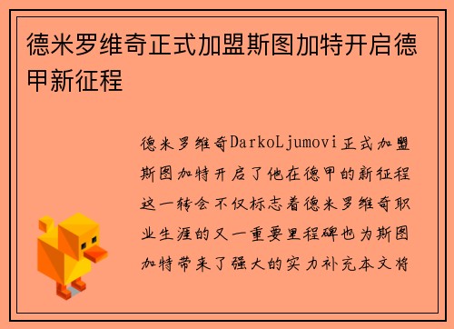 德米罗维奇正式加盟斯图加特开启德甲新征程